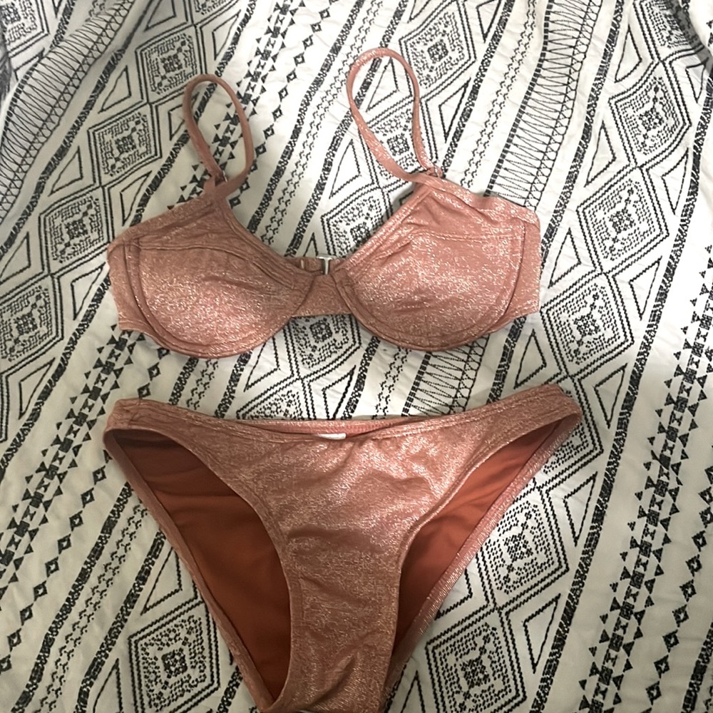 womens small bikini top has pads and pushup brownish orangish sparkly fabric